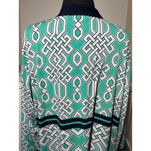 Susan Graver Liquid Knit Geometric Open Cardigan Sz 1X Teal Green Black Stretch - Picture 5 of 8